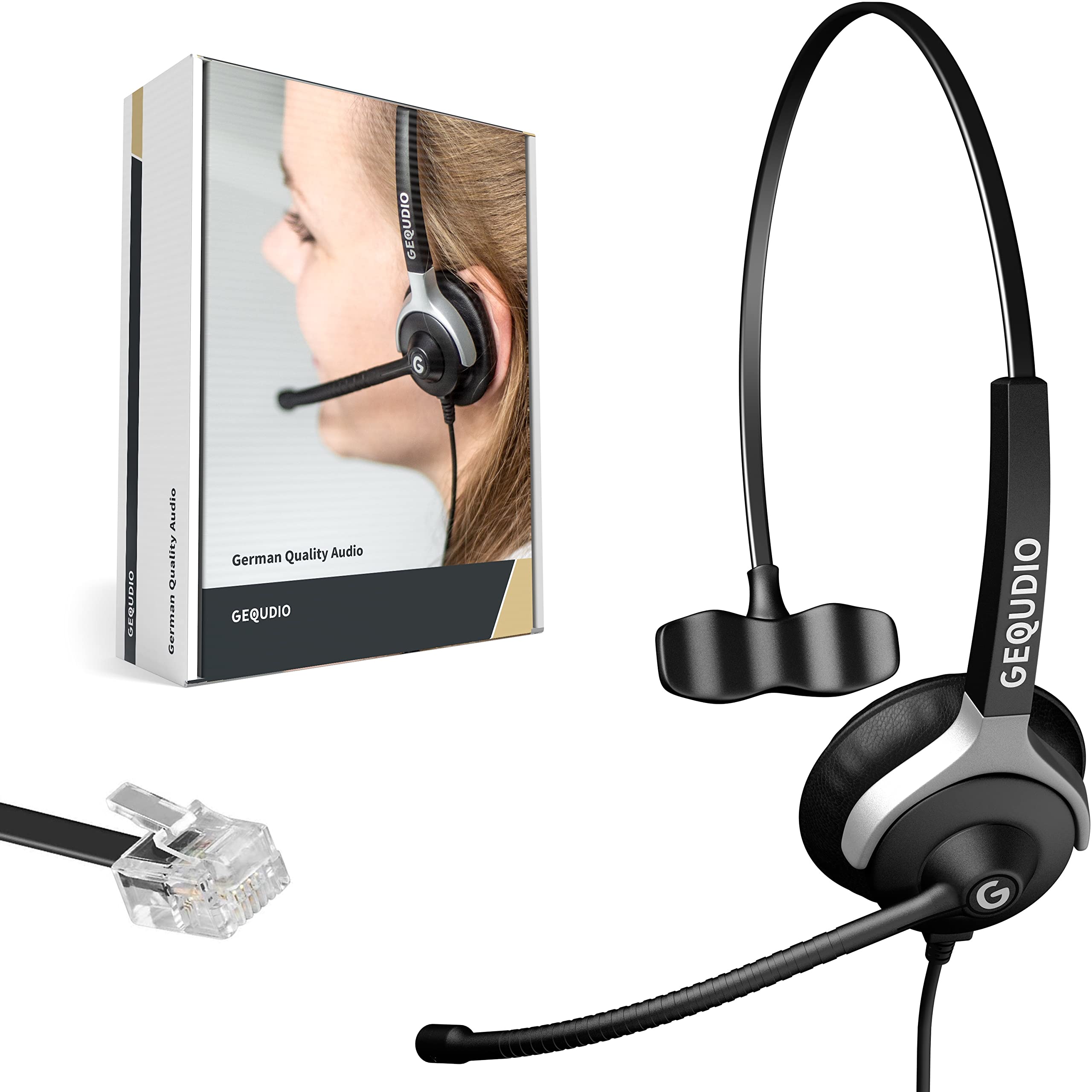 GEQUDIO Headset kompatibel mit Unify OpenStage 30 40 60 80 und OpenScape Serie Telefon - inklusive RJ Kabel - Kopfhörer & Mikrofon mit Ersatz Polster - besonders leicht 60g (1-Ohr)