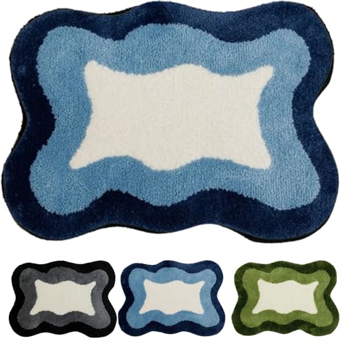 Gewellte Badematte, gewellte Badematte ästhetisch, gewellte Teppichmatten, rutschfest, Badematte ästhetisch, saugfähige Teppichbodenmatten für Badezimmer-Innentürmatte (Blue,15,75 * 23,62 in)