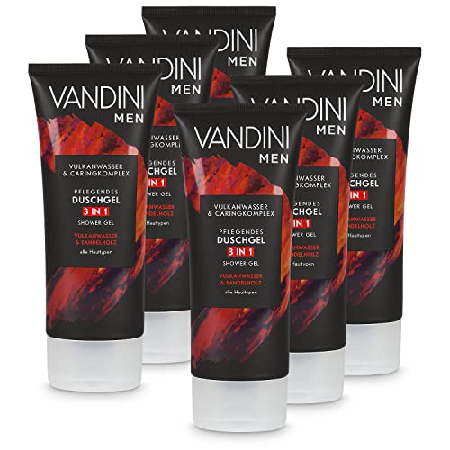 VANDINI 3in1 Duschgel für Männer Vulkanwasser & Sandelholz 6x 200 ml - Herren Duschgel vegan für alle Hauttypen geeignet - Sandelholz Duschgel Männer