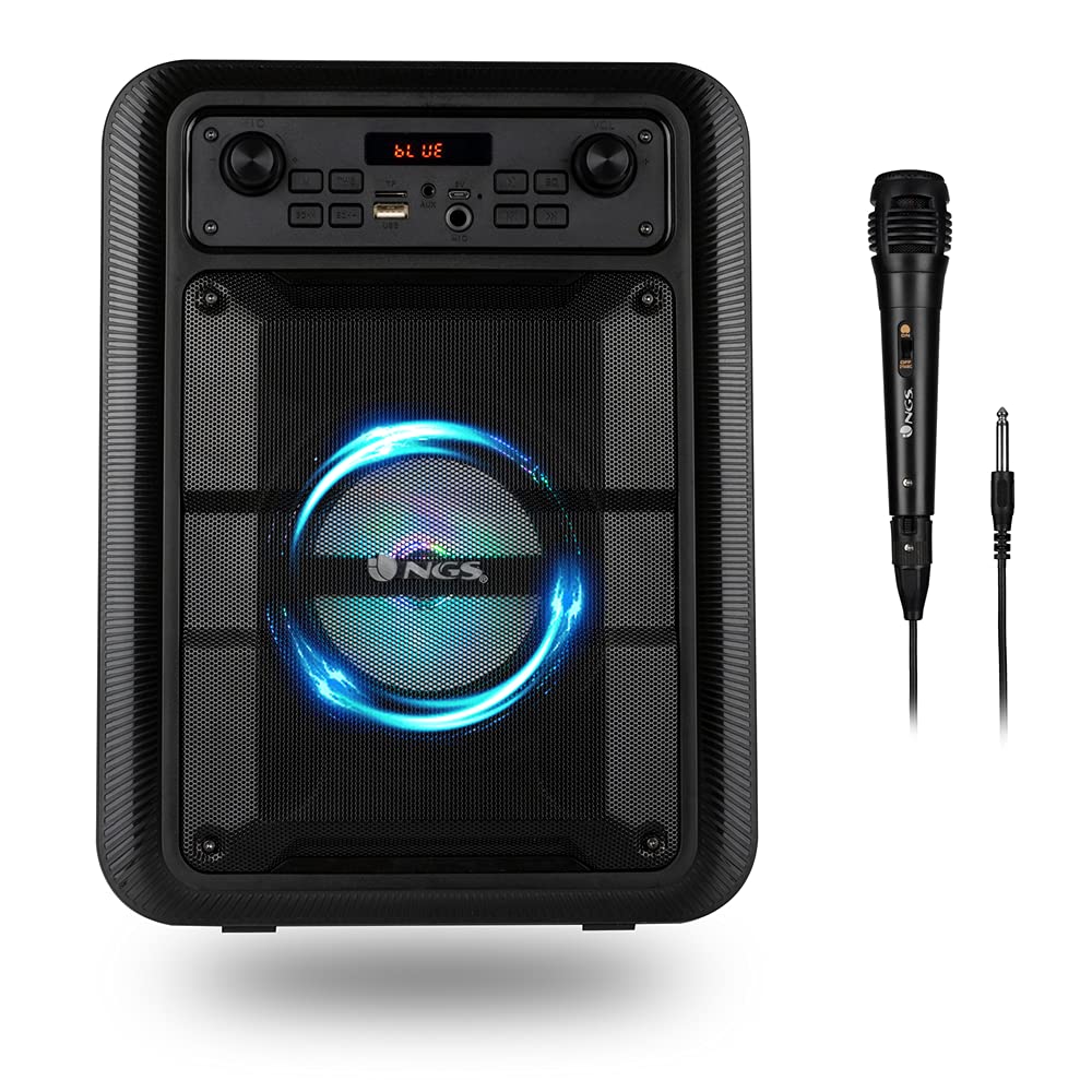 NGS ROLLER LINGO BLACK - Tragbarer 20-W-Lautsprecher Bluetooth 5.0-Technologie und True Wireless Stereo, Mikrofon für Karaoke und eingebauten LED-Leuchten (USB/MicroSD/LineIN/Mikrofoneingang), Schwarz
