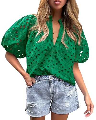 ROSSOM Women's Summer Tops Dressy Casual Puff Sleeve Eyelet Tops Lantern Sleeve V Neck Buttons Hollow Out Lace Embroidered Blouses (Green,M)