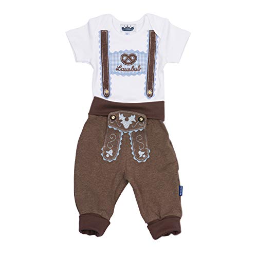 Trachten Set für Lausbuben bestehend aus Baby Body mit kurzem Arm und Applikation Hosenträger und Baby Jogginghose Lederhosen Look, braun - EIN tolles Geschenk