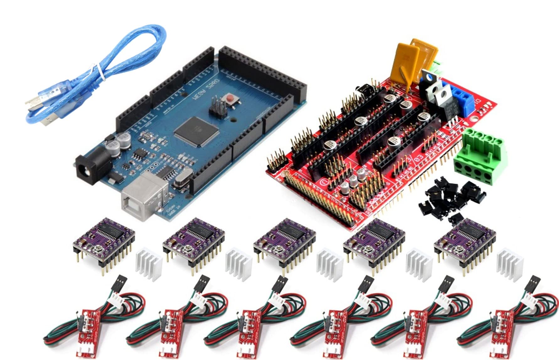 TECNOIOT 3D-Drucker-Kit – Entwicklungsboard + RAMPS 1.4 Controller + 5 Stück DRV8825 Schrittmotormodul + 6 Stück Endstop + Kabel