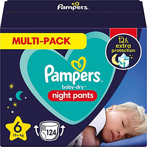 Pampers Baby-Dry Night Windeln Größe 6, 124 Windeln, ab 15 kg, Pampers Night Pants bieten zusätzlichen Schutz die ganze Nacht