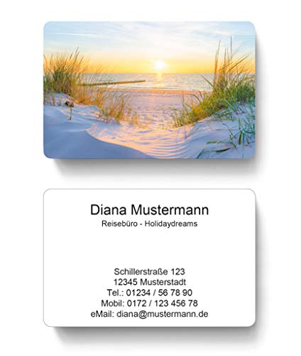 100 Visitenkarten, laminiert, 85 x 55 mm, inkl. Kartenspender - Urlaub Reise Ferien