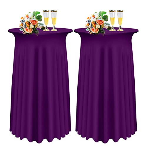 1/2/4 Packs Round Cocktail Table Skirt, Spandex Stretch Round Tablecloth Covers with Wavy Drapes, Fitted High Top Cocktail Table Skirt Table Dress for Party Wedding Banquet Table (2Pcs-80cm,Deep Purple)