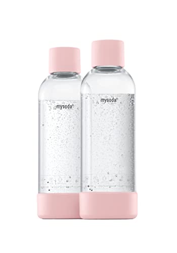 Mysoda: Wiederverwendbare Plastik Wasserflasche (BPA-frei) Wassersprudler mit Quick-Lock, Deckel und Boden aus Holzkomposit, 2 x 1L - Pink