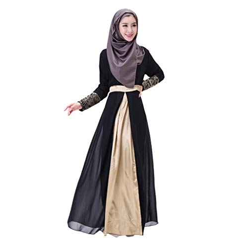 Lazzboy Muslimischen Frauen Langes Dubai Patchworkkleid Abaya Muslimische Kleidung Damen Kleid Kaftan Arabischen Lace Stitching Maxi-Kleid Arabische(Schwarz,XL)