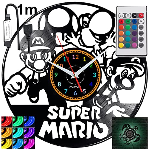 EVEVO Super Mario RGB LED Pilot Wanduhr für Fernbedienung Schallplatte Modern Dekorativ für Geburtstagsgeschenk Tolles Geschenk Uhr