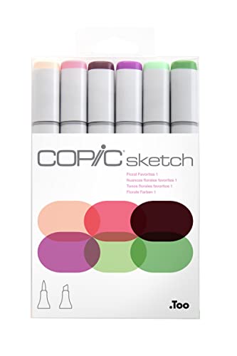 COPIC Sketch Marker Set "Floral Favorite 1" mit 6 Farben, professionelle alkoholbasierte Pinselmarker mit einer flexiblen und einer mittelbreiten Spitze