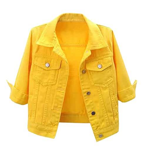 Yokbeer Damen Sommer Übergroße 3/4 Ärmel Kurze Schmale Jeansjacke Zerrissene Distressed Revers Jean Coat (Color : Yellow, Size : 3XL)