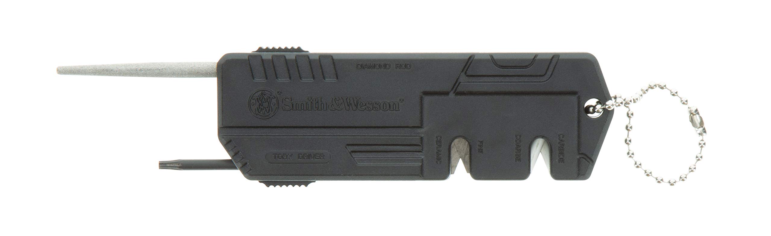 Smith & Wesson Messerschärfer mit feinen, groben Seiten, Schraubendreher, robuste Konstruktion und Schlüsselanhänger für Überleben, Jagd, Outdoor und EDC, schwarz