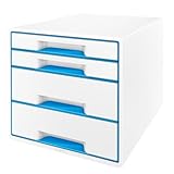Leitz CUBE Schubladenbox mit 4 Schubladen, Weiß/Blau, A4, Inkl. transparentem Schubladeneinsatz, WOW, 52132036