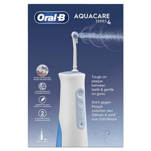 Oral-B AquaCare 4 Kabellose Munddusche, 4 Ersatzdüsen, Zahnzwischenraumreiniger für sanfte Zahnreinigung & gesünderes Zahnfleisch, mit Oxyjet-Technologie, 2 Modi für Zahnpflege, weiß/blau
