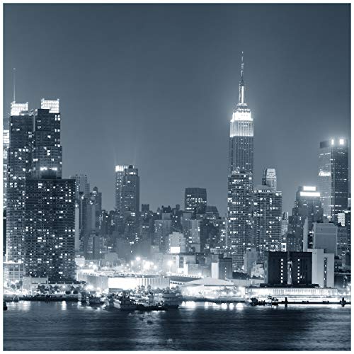 Wallario Glasbild New York Skyline - Schwarz Weiß Blau - 50 x 50 cm Wandbilder Glas in Premium-Qualität: Brillante Farben, freischwebende Optik