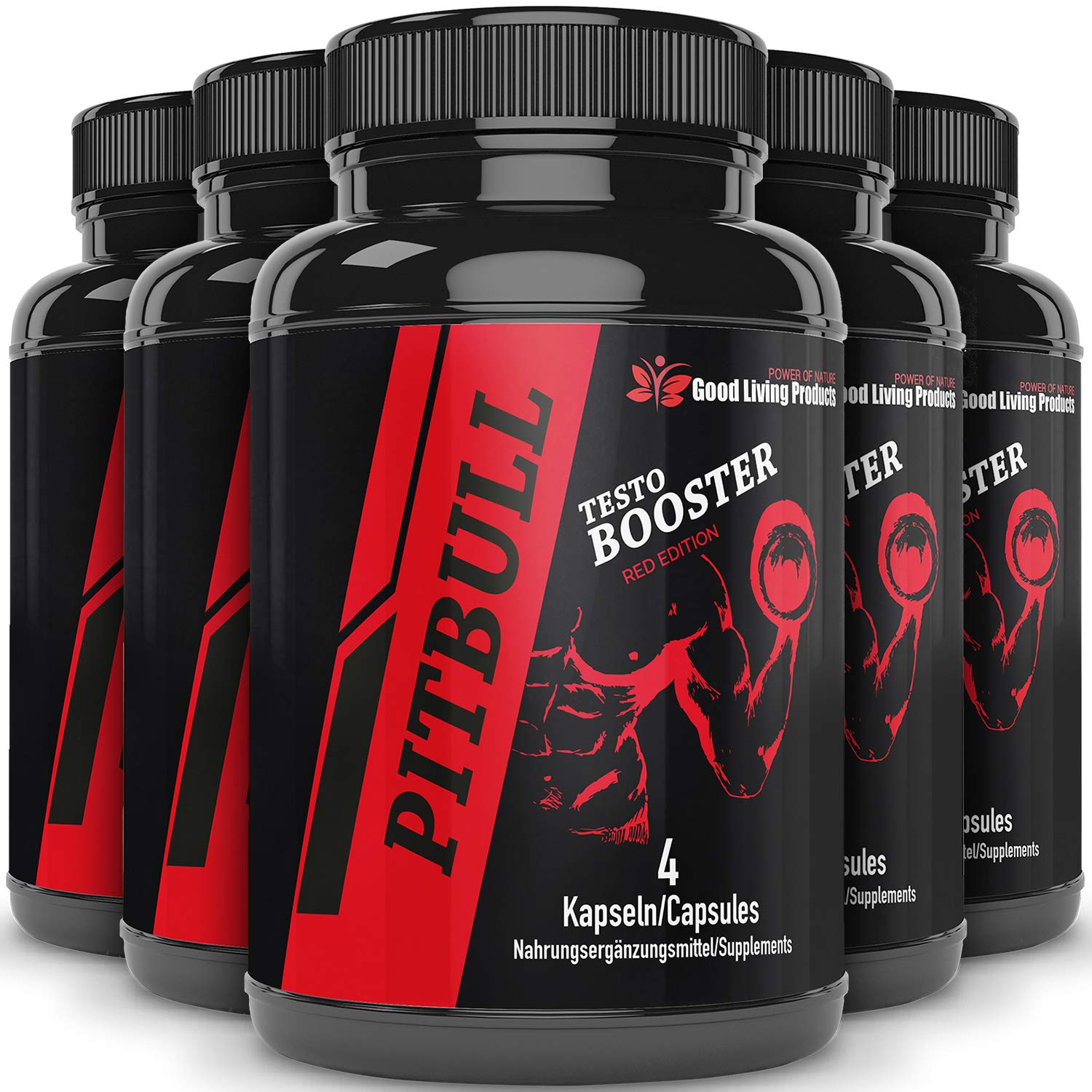 Pitbull Testo Booster – Red Edition – Pre Workout Booster Muskelaufbau (5 Dosen je 4 Kapseln) – Booster Pre Workout Testosteron Booster Fitness