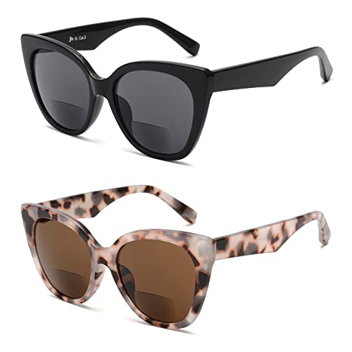 JM Classic Bifokal Lesebrillen Übergroße Cateye Stilvolle Sonnenbrillenleser für Damen Schwarz+Braun 3.0