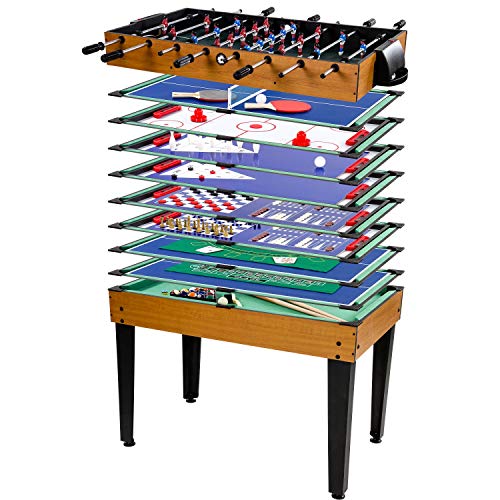 GAMES PLANET Multigame Spieletisch Mega 15 in 1, inkl. komplettem Zubehör, Spieltisch mit Kickertisch, Billardtisch, Tischtennis, Speed Hockey, Holzdekor hell