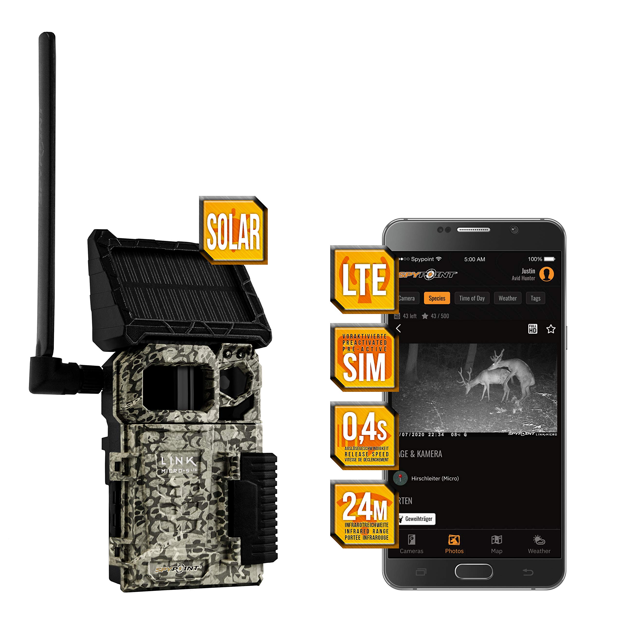 Spypoint LINK-Micro-S LTE - kleinste Wildkamera mit SIM, Solar, LTE-Übertragung und Nachtsicht - Outdoor Tierkamera mit Handyübertragung via App