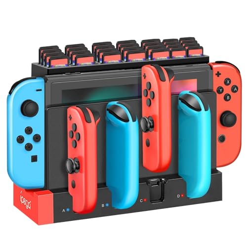 TNP Switch Joy-con Charger with 28 Game Cards Storage Holder for Nintendo Switch Charging Dock Station Base Add-On Mod, Support 4 Joycon Controller with Individual LED Charging Indicator (Black, Red)
