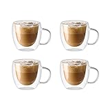 HUIKJI 4 doppelwandige Glas-Kaffeetassen, 150 ml, isolierte Glas-Kaffeetasse mit Griff, transparente Tassen für Americano, Latte, Getränke, Cappuccinos, Espressotassen