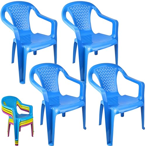 Kinderstuhl mit Armlehne - 4 Stück - Gartenstuhl, Robuster Stapelstuhl mit einer Sitzhöhe 27cm aus Kunststoff, kippsicher, wetterbeständig | Sitzgelegenheit für Innen- und Außenbereich (Blau)