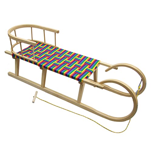 BAMBINIWELT Hörnerschlitten Hörnerrodel Holzschlitten mit Rückenlehne und Zugseil Sitzfläche aus Kunstfasern 120cm REGENBOGENDESIGN