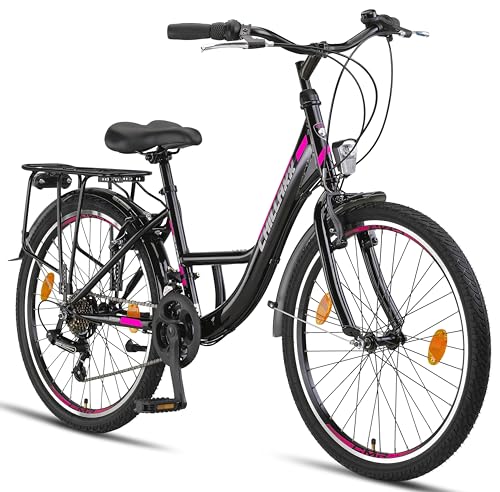 Chillaxx Bike Strada Premium City Bike in 24, 26, 28 Zoll - Fahrrad für Mädchen, Jungen, Herren und Damen - 21 Gang-Schaltung - Hollandfahrrad Citybike (24 Zoll, Schwarz-Pink V-Bremse)