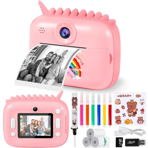 Kinderkamera Sofortbildkamera, 1080P 2,4 Zoll Bildschirm DigitalKamera Kinder mit Druckpapier,32GB Karte, Fotokamera mit 5 Farbigen Stiften, Geschenk für Kinder