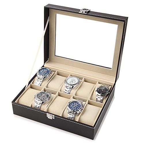 Uhrenbox,Uhrenkasten,PU Leder Uhrenspeicher für 10 Uhren Uhrenschatulle Elegant Uhrenkoffer Uhrenvitrine mit Durchsichtigem Deckel Schmuck Uhren Aufbewahrung für Männer Frauen, Schwarz