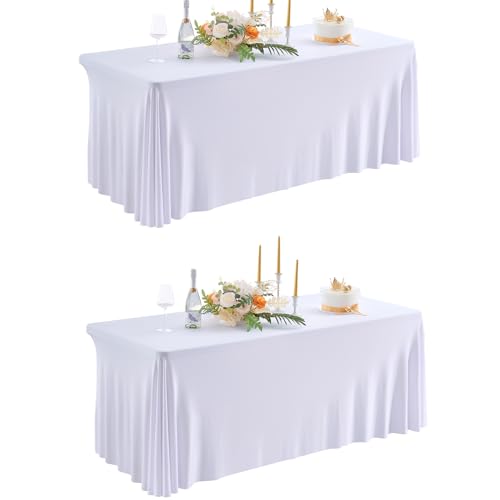 HBBMAGIC 2 Stücke Weiß Spandex Rechteckig Tischdecke für 1.8m Rechteck Tische Dehnbare 3-Wege Weiss Tischdecke für Vendor Display Birhtday Party Hochzeitsempfang