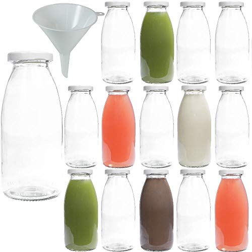 Viva Haushaltswaren - 15 x Glasflasche 250 ml mit weißem Schraubverschluss, als Milchflasche, Saftflasche & Smoothieflasche verwendbar (inkl. Trichter Ø 12 cm)
