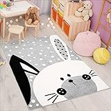 carpet city Kinderteppich Bubble Kids Flachflor Schlappohr-Hase, weiß gepunktet in Grau für Kinderzimmer; Größe: 120x160 cm
