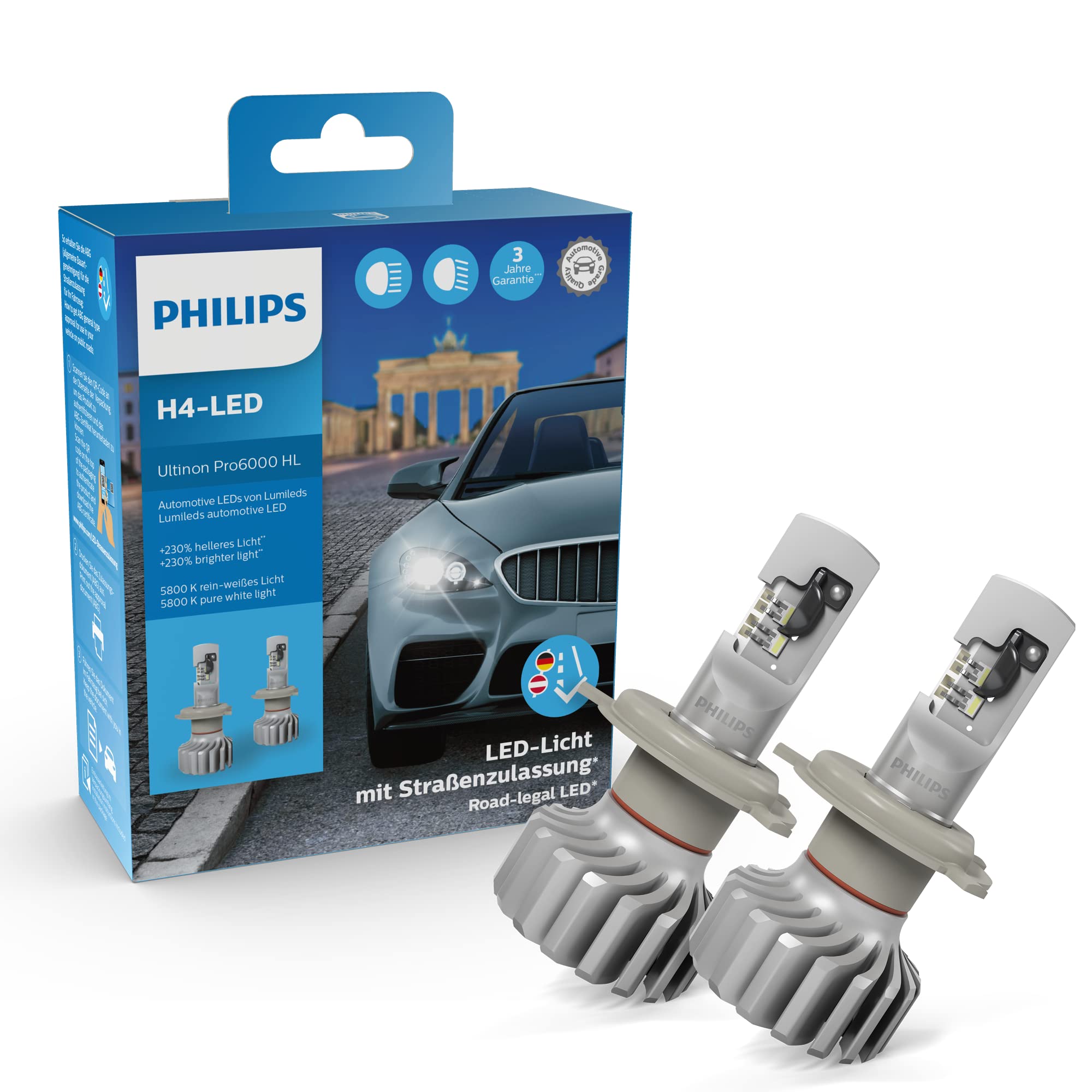 Philips Ultinon Pro6000 H4-LED Scheinwerferlampe mit Straßenzulassung, 230% helleres Licht, 5.800K