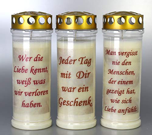 Kerzen Junglas Grabkerzen 3er Set mit Spruch, Größe 21x7,5 cm - Brenndauer ca. 7 Tage je Grablicht – 3906 – Elegante Gedenkkerzen, Trauerkerzen aus Deutschland