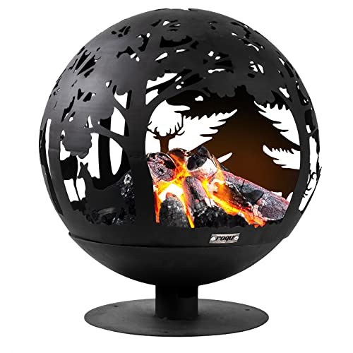 roqu Feuerschale 50 x 55 cm schwarz | Feuerkorb für den Garten | Feuerkugel mit Funkenschutz | Feuerstelle mit Wald Motiv