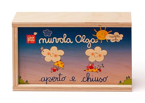 Dida - Lernspiel der Gegensätze/Antonyme - Offen und geschlossen mit Wolke Olga - 12 große Holzkisten entworfen von Nicoletta Costa. Lernspiele für Mädchen und Kinder.