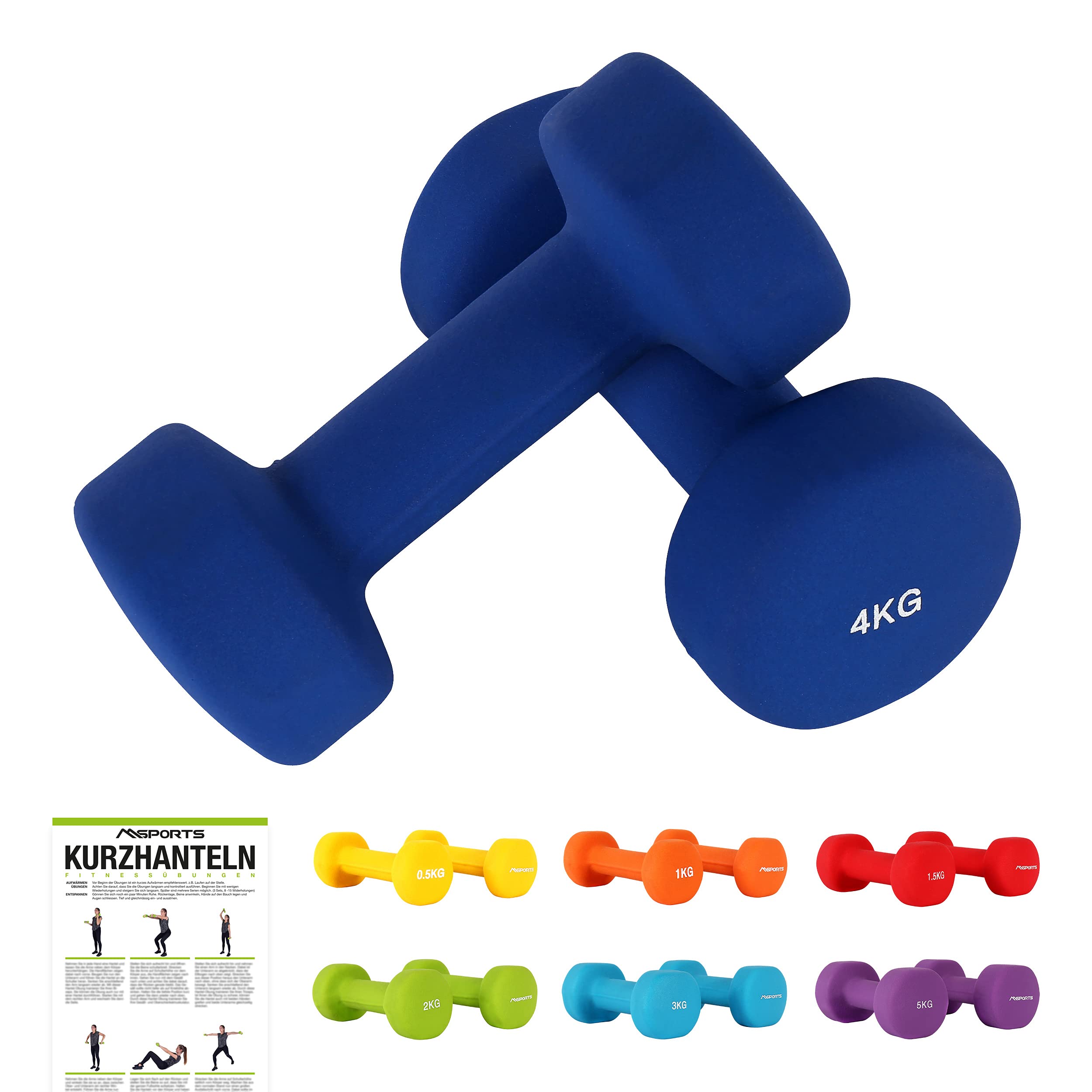 MSPORTS Kurzhanteln 2er Set Neopren 0,5-5 kg Paar inkl. Übungsposter | Hantelset (4 kg - Dunkelblau)