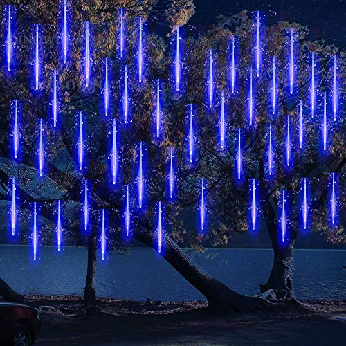 LED Meteor Regen Lichter Außen lichterkett,DINOWIN Solar wasserdichte Lichterketten 30cm 10 Tube 360LEDs, kaskadierende Lichter für Feiertags-Party-Hochzeits-Weihnachtsbaum-Patio-Dekoration (Blau)