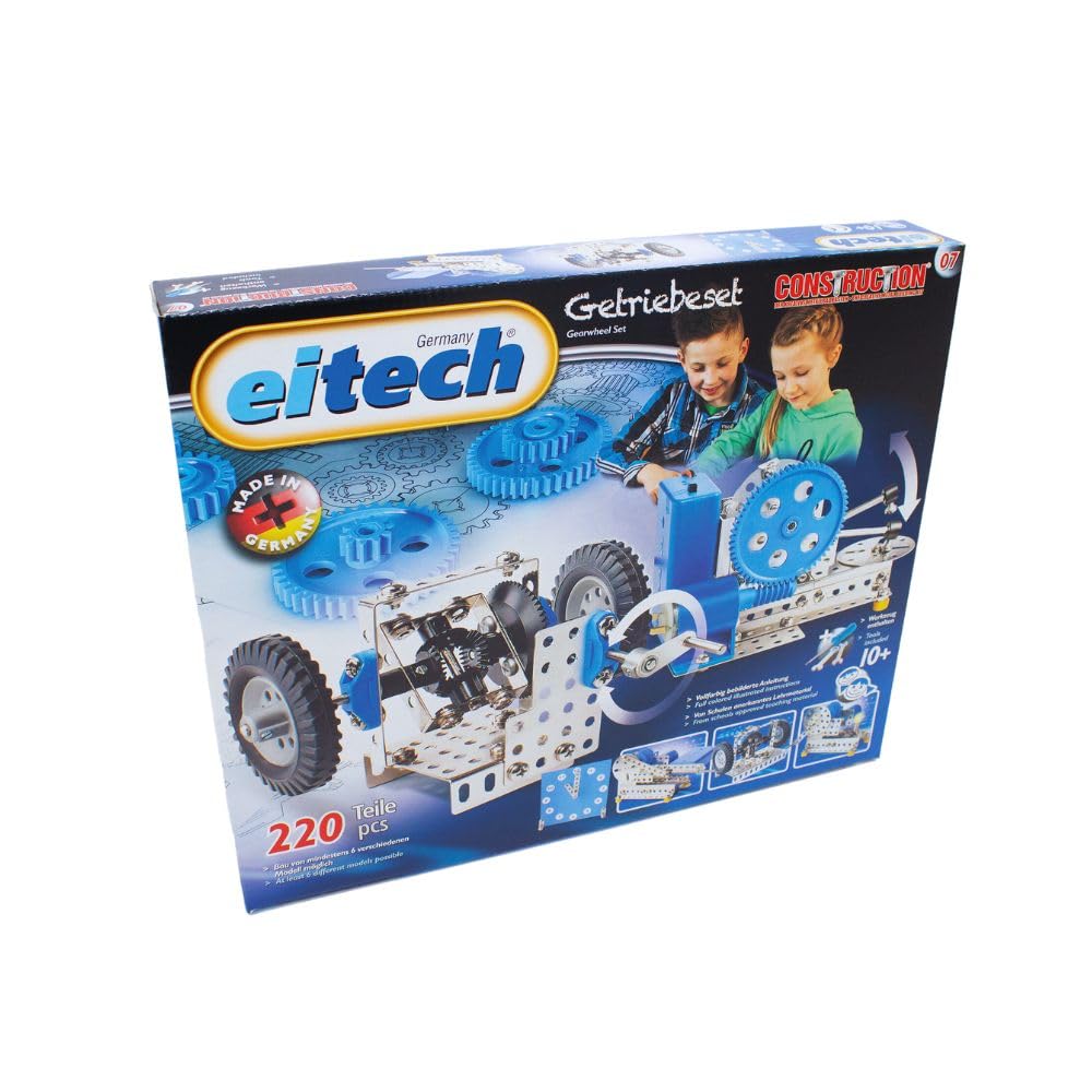 Eitech 00007 Metallbaukasten - Getriebeset, Baukasten mit 220 Teilen und 6 verschiedenen Modellen, Lernspielzeug für Kinder ab 10 Jahre, Experimentierkasten