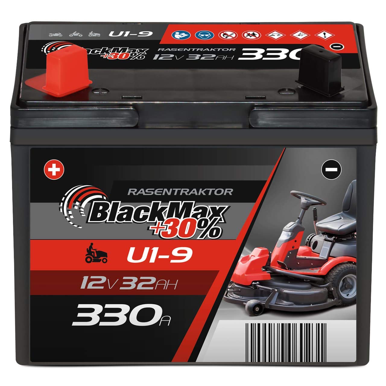 BlackMax Rasentraktor Batterie 12V 32Ah 330A (Pluspol links) - U1-9 +30% Starterbatterie (12 Volt) für Aufsitzmäher und Rasenmäher-Traktoren - wartungsfrei & wiederaufladbar