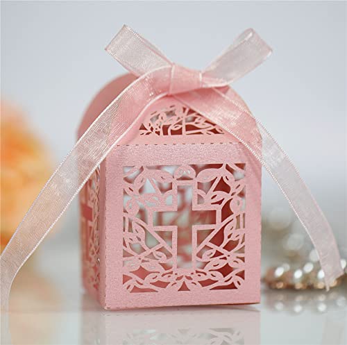 Geschenkbox, Verpackung, Hochzeitsbevorzugungsschachteln aus Papier, Süßigkeiten-Box, hohle Kreuz-Geschenkbox for Brautparty, Babyparty, Party-Dekoration, 50 Stück (Color : Pink)