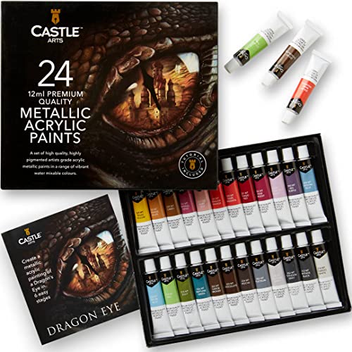 Castle Art Supplies Metallic-Acrylfarben-Set | 24x12ml Tuben für erfahrene Künstler, Anfänger und Bastler, für schimmernde Qualität vielen Oberflächen | Stabile, schöne Präsentationsbox