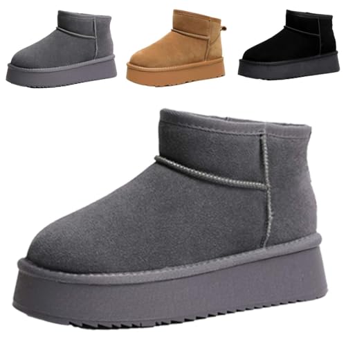 Platform Mini Boots for Women,Classic Ultra Mini Platform Fashion Boot,Fur Fleece Lined Snow Boots,Fluffy Soft Warm Fuzzy Slippers Winter,Anti-Slip Winter Snow Boots for Outdoor Women's (Gray, 40)