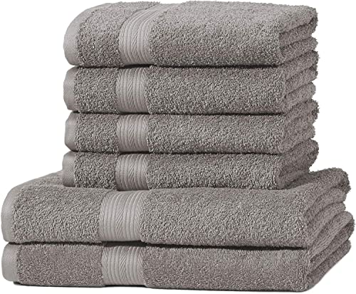 AmazonBasics Handtuch-Set, ausbleichsicher, 2 Badetücher und 4 Handtücher, Grau, 100% Baumwolle 500g/m²