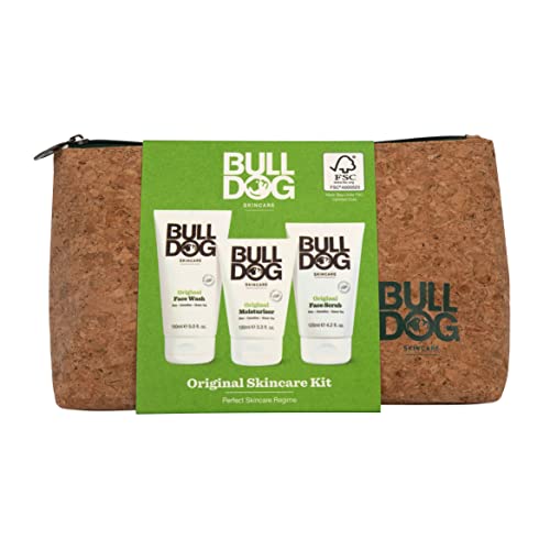 Bulldog Skincare - Original Hautpflege-Set, Geschenkset für Männer (x1 Original Feuchtigkeitspflege 100ml, x1 Original Gesichtswäsche 150ml, x1 Original Gesichtspeeling 125ml, x1 Korkwaschbeutel)