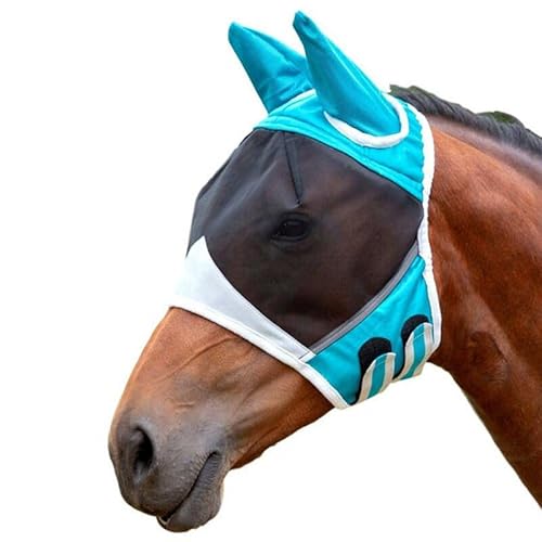 QOJEJKRT Pferdemaske, Fliegenmaske, leicht und atmungsaktiv, Augen- und Ohrenschutz, Klettverschluss-Installation (Blau, L (105 x 52 x 28 cm)