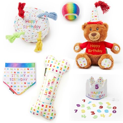 Dog Happy Birthday 6-teiliges Set, perfektes Geschenk für Hunde Happy Bday Feier, enthält Spielzeug, Krone Partyhut und Bandana (klein)