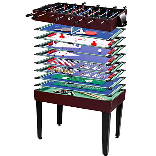 GAMES PLANET Multigame Spieletisch Mega 15 in 1, inkl. komplettem Zubehör, Spieltisch mit Kickertisch, Billardtisch, Tischtennis, Speed Hockey, Holzdekor dunkel