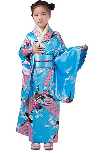 Yue Lian M?dchen Blumen&Pfau Kimono mit Obi-G¨¹rtel Cosplay Yukata Japanisch (H?he:130-140cm, Blau)